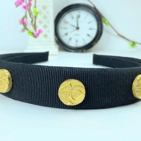 AUTH Salvatore Ferragamo Vara Bow canvas gold tone Headband GS574